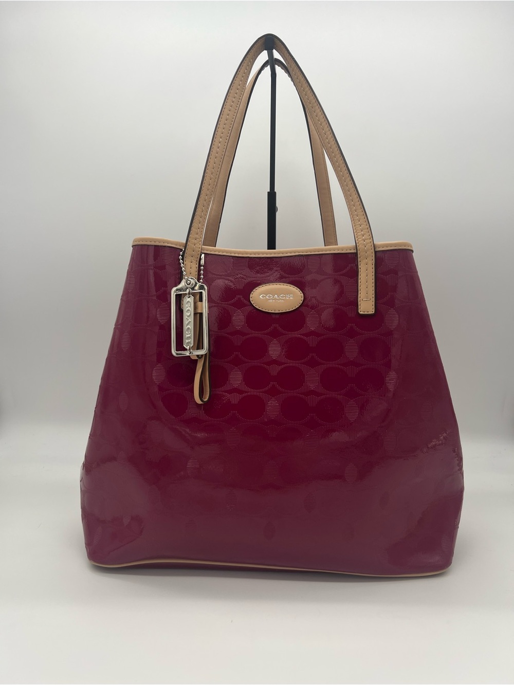 Authentic Coach Patent-Logo Glossy CranberryTote with Tan Trim